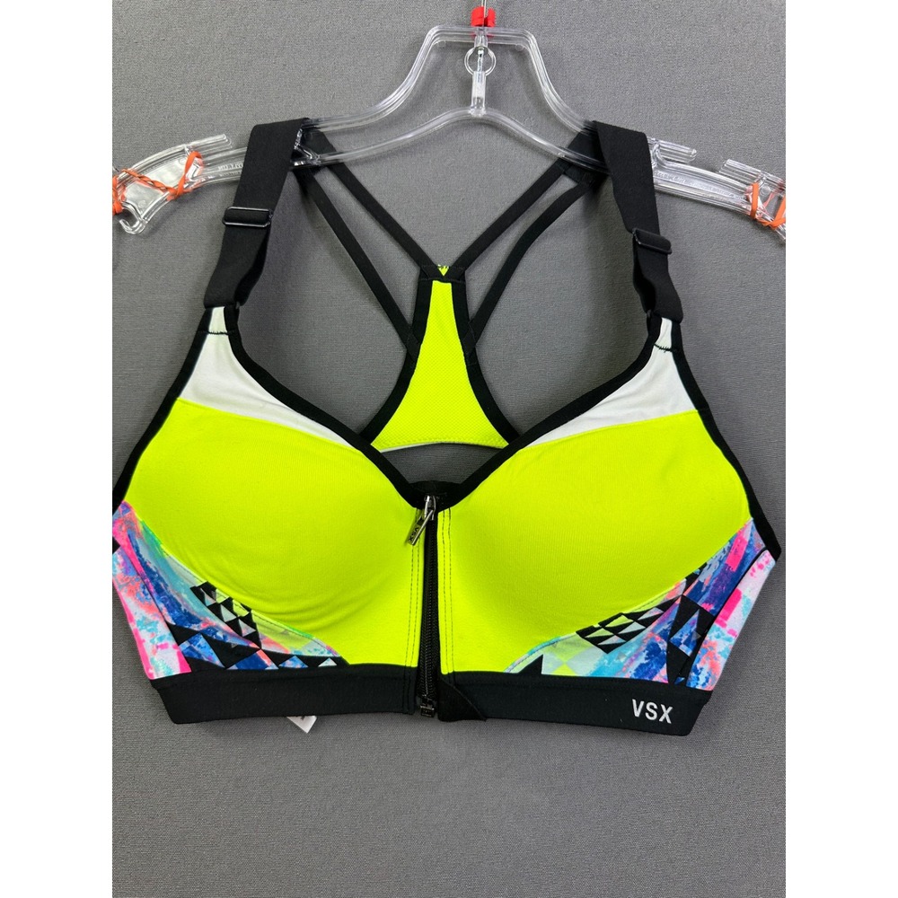 VSX Victoria's Secret‎ Neon Yellow Front Zip Racerback Sports Bra Geometric 34B